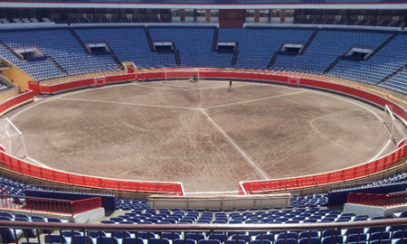 The Plaza de Toros in Bilbao marked out for a three-sided football match